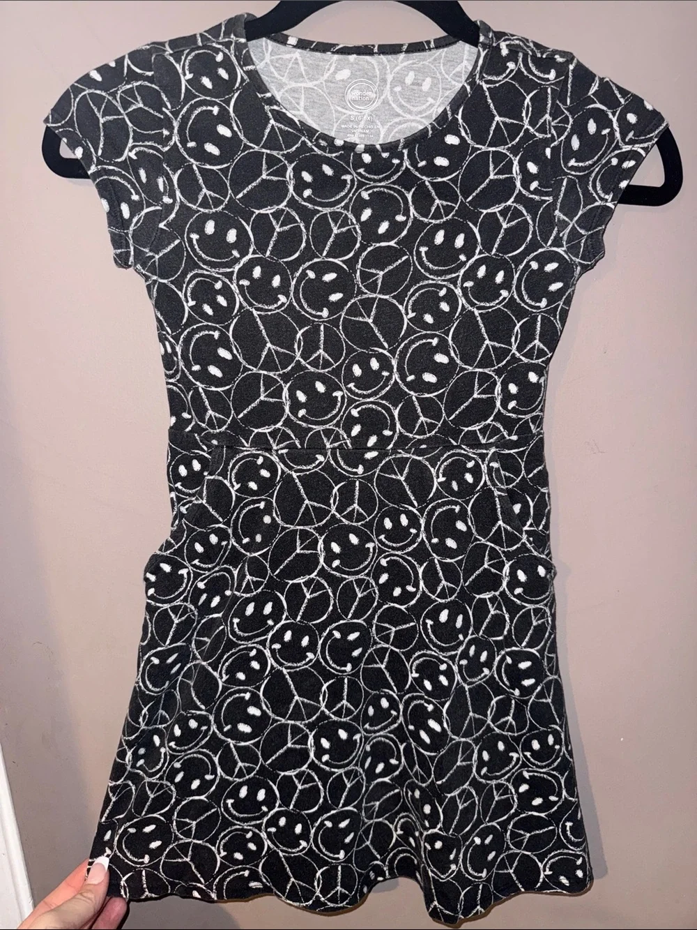 Girls Black Smiley Face Peace Sign Pattern Dress Set, Two Piece